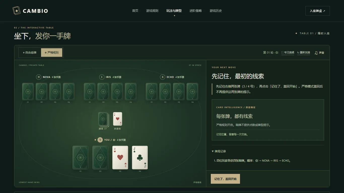 Cambio 当前四人牌桌,NOVA、IRIS、ECHO 与玩家的隐藏手牌